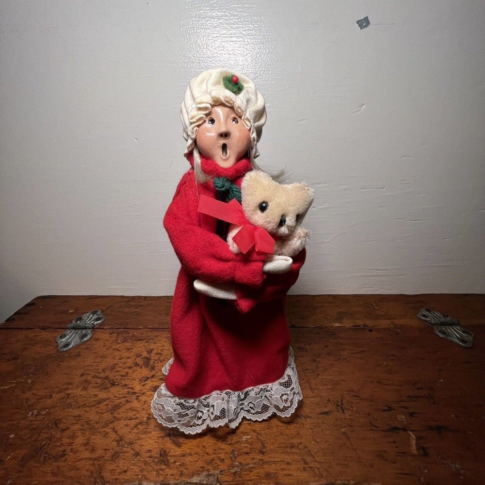 Vintage Byers Choice 1985 Pajama Girl with Teddy Bear - 9.5” - Red Nightgown